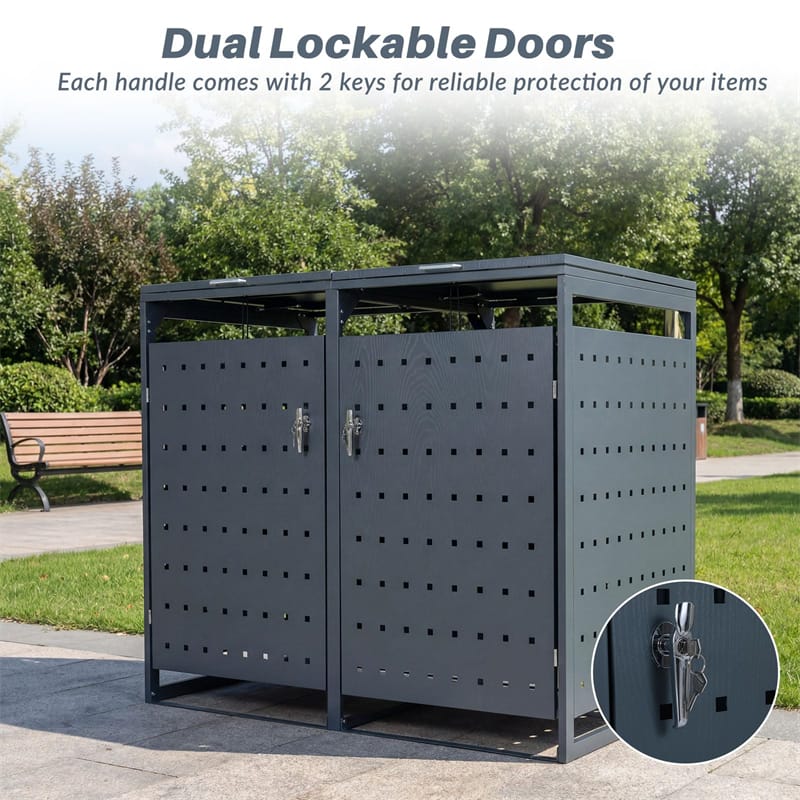 Eletriclife Outdoor Metal Garbage Bin Storage Shed for 2 Trash Cans with Gas Struts open