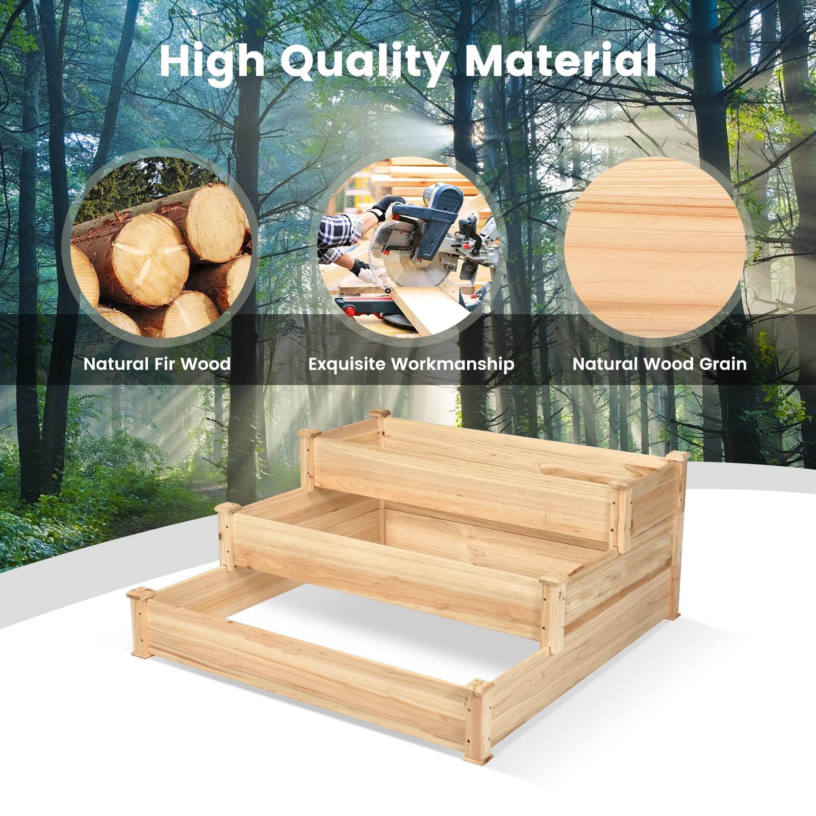 Eletriclife 49" x 49" x 22" 3-Tier Raised Garden Bed Fir Wood Elevated Planter Box