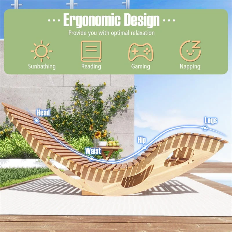 Eletriclife Acacia Wood Outdoor Double Rocking Chaise Lounge with Slatted High Backrest & Seat for Poolside