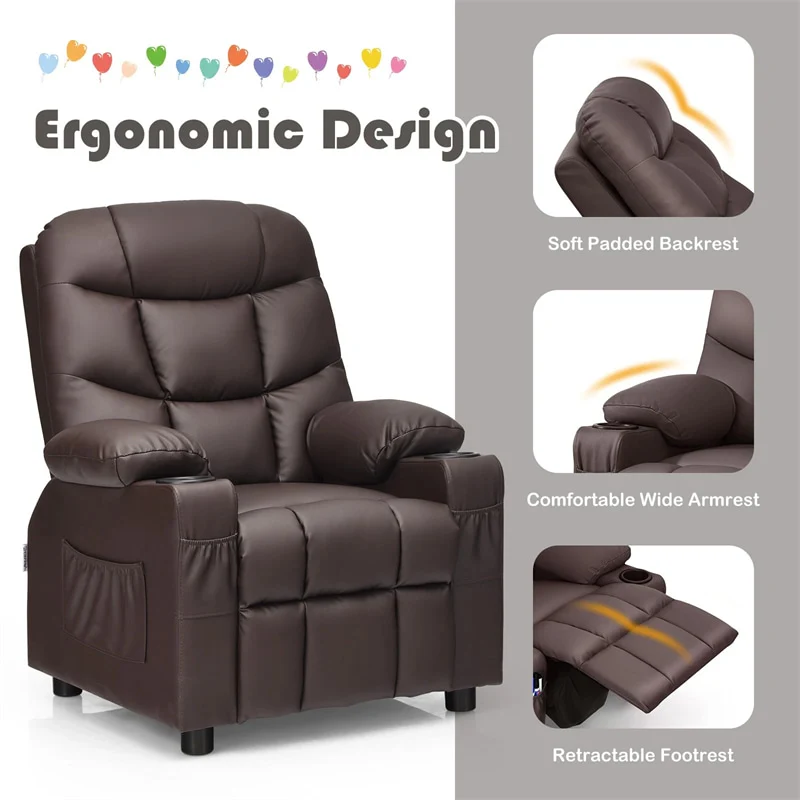 Eletriclife Kids Recliner Chair PU Leather Adjustable Lounge Sofa with Cup Holder