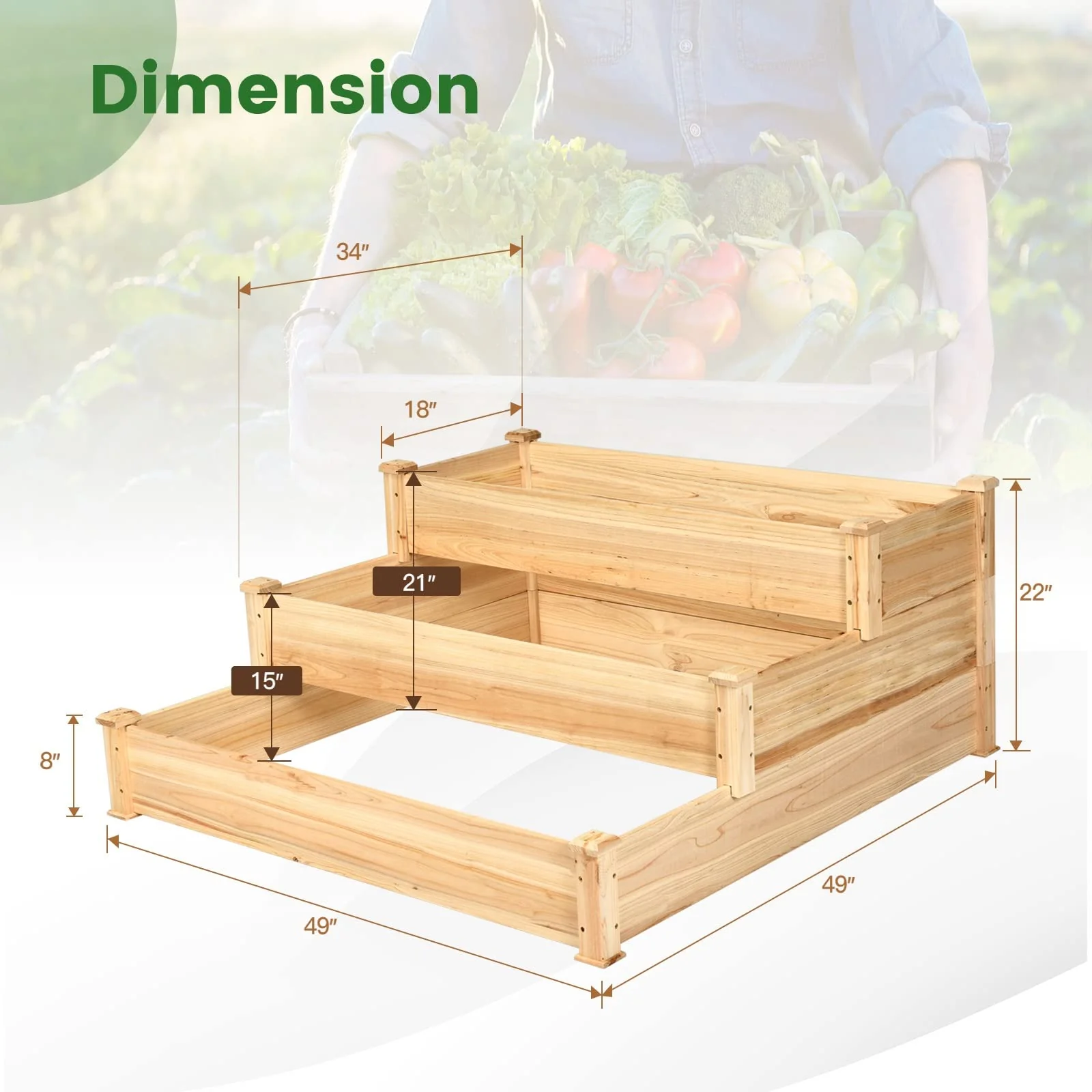 Eletriclife 49" x 49" x 22" 3-Tier Raised Garden Bed Fir Wood Elevated Planter Box