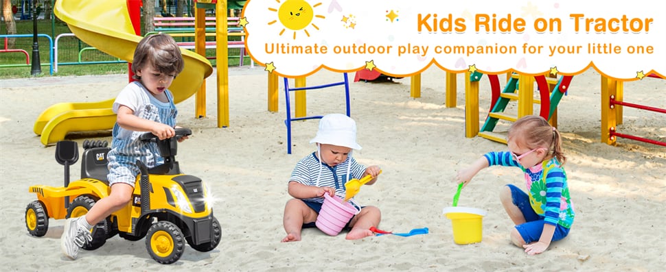 Eletriclife Kids Ride on Tractor 2-in-1 Licensed Caterpillar Foot-to-Floor Toddler Push Car with Detachable Trailer