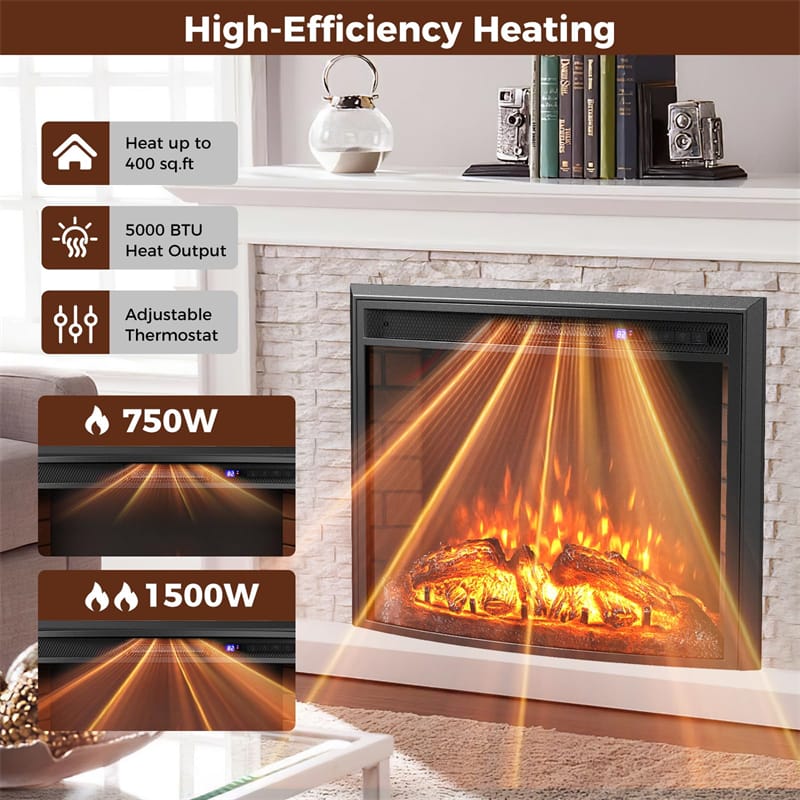 Eletriclife 26" Curved Electric Fireplace Insert 750W/1500W Recessed Heater with Remote Control & Adjustable Flame