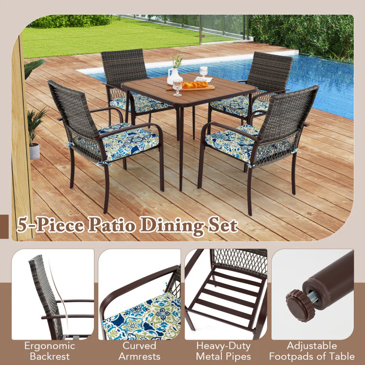 Eletriclife 5 Pieces Patio Dining Set 4 Cushioned Rattan Armchairs and Square Table