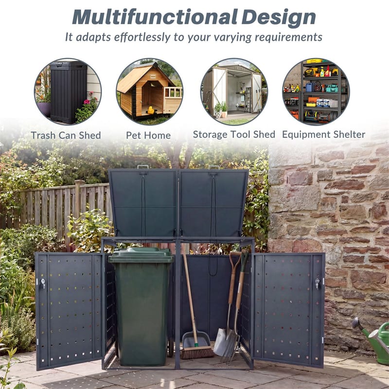 Eletriclife Outdoor Metal Garbage Bin Storage Shed for 2 Trash Cans with Gas Struts open