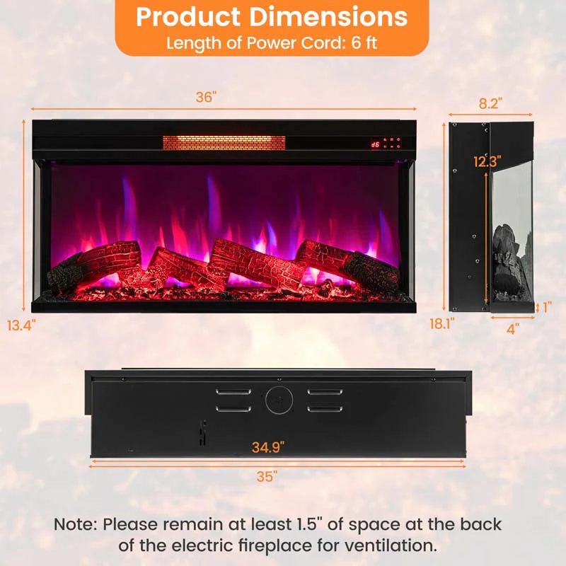 Eletriclife 36 Inch 3-Sided 1500W Electric Fireplace with 7-Color Flame
