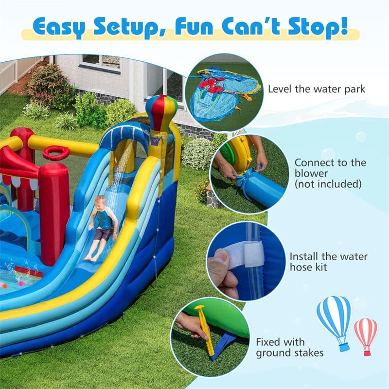 Eletriclife 8-in-1 Inflatable Water Slide Park & Wet Dry Combo Bounce House with Splash Pool