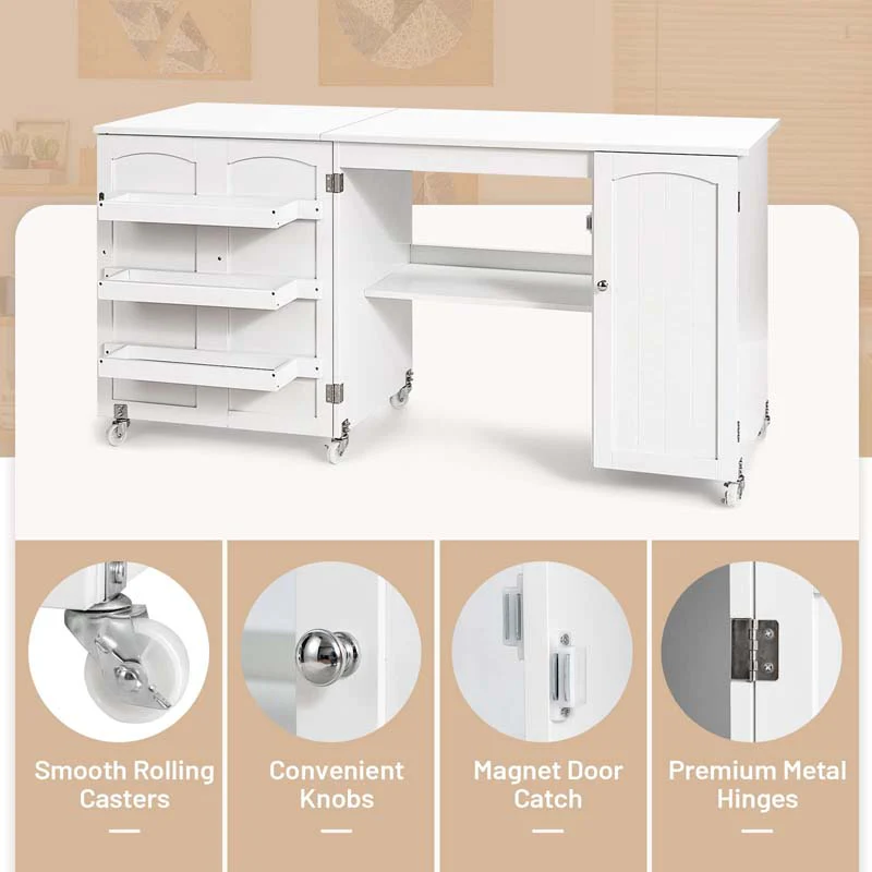 Eletriclife Folding Large Sewing Table Storage Shelves and Lockable Casters