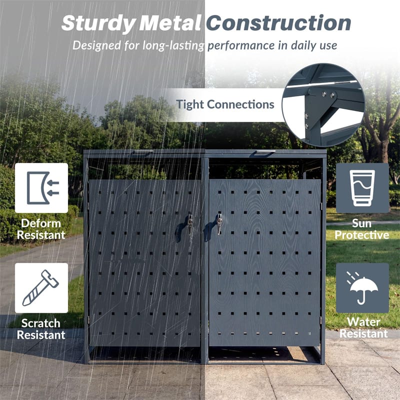 Eletriclife Outdoor Metal Garbage Bin Storage Shed for 2 Trash Cans with Gas Struts open