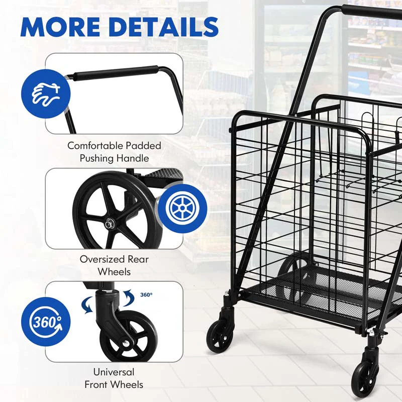 Eletriclife Double Basket Folding Jumbo Shopping Cart with 360 Rolling Swivel Wheels