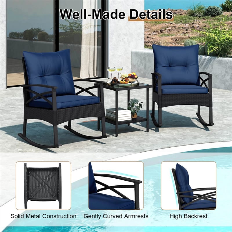 Eletriclife 3 Piece Rattan Rocking Bistro Set with Cushions & 2-Tier Glass Table for Porch, Balcony, Backyard