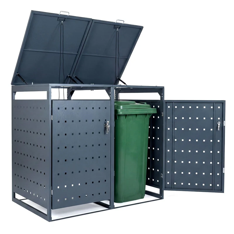 Eletriclife Outdoor Metal Garbage Bin Storage Shed for 2 Trash Cans with Gas Struts open