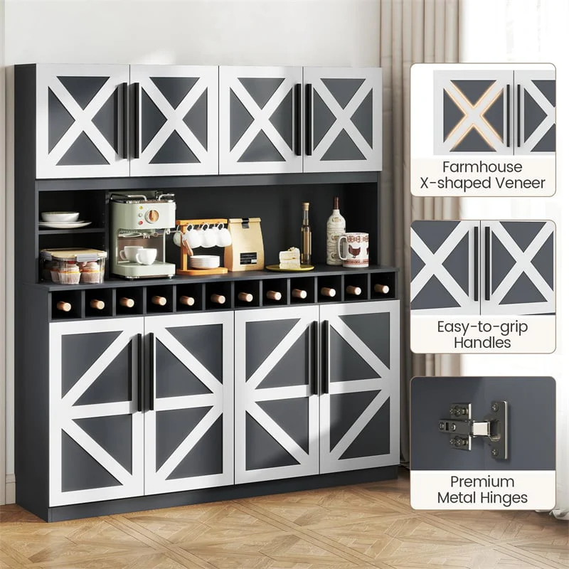 Eletriclife 70" Tall Farmhouse Pantry Cabinet Kitchen Buffet Hutch with 12-Bottle Wine Rack