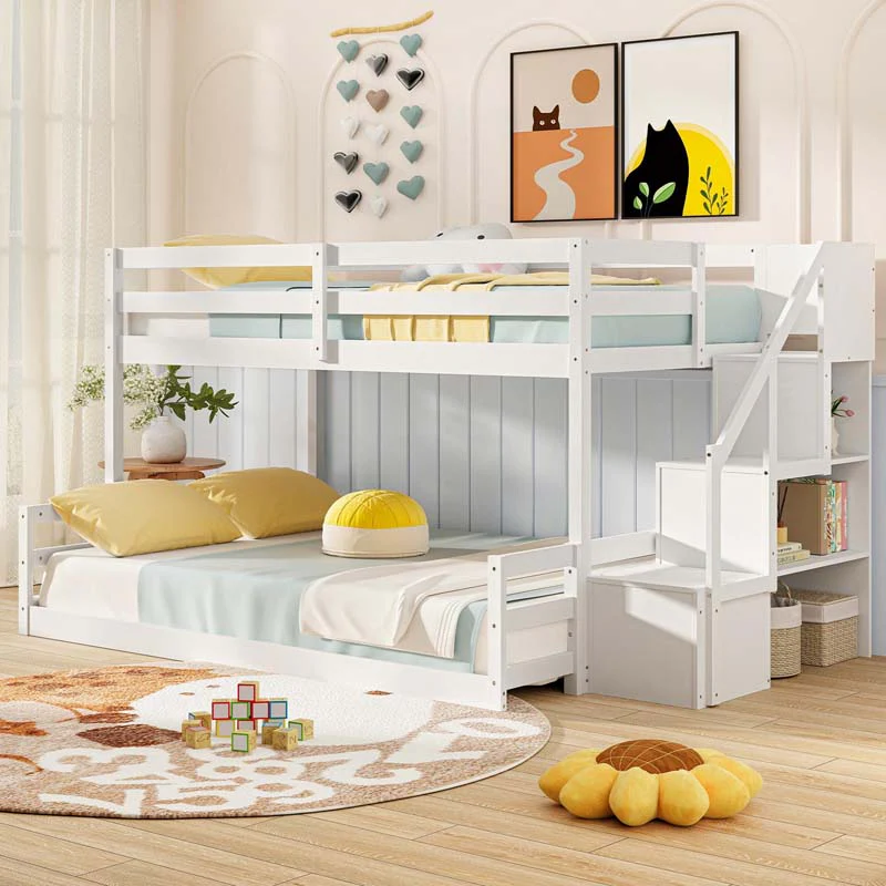Eletriclife Solid Wood Twin Over Full Low Bunk Bed with Storage Stairs