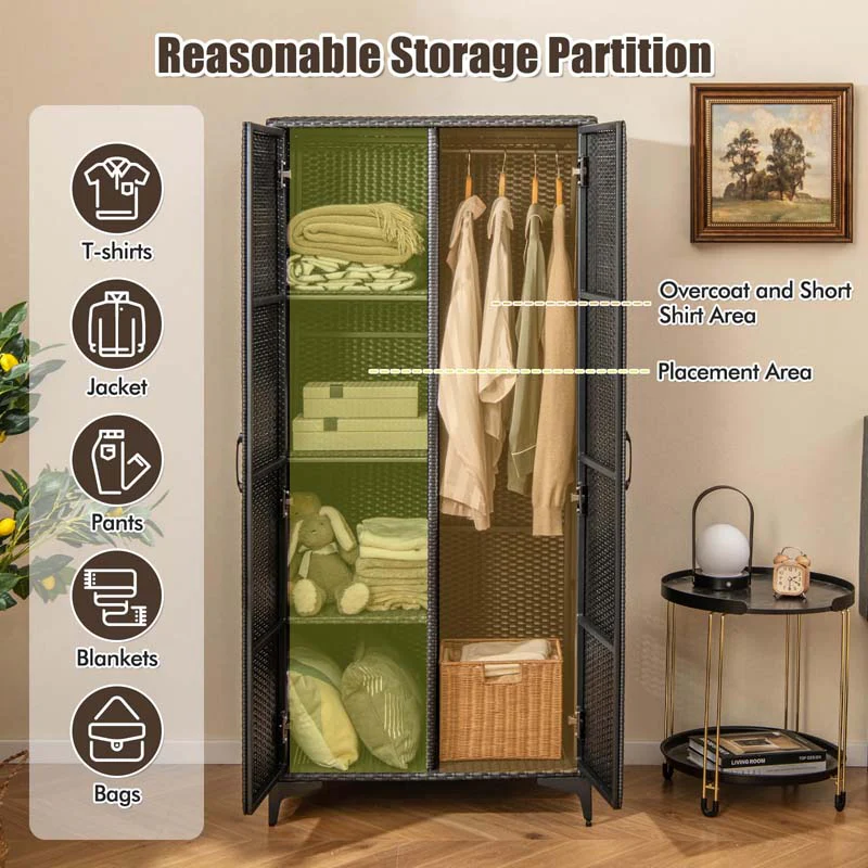 Eletriclife 62 Inch Wicker Wardrobe with 2 Doors PE Rattan Closet with Hanging Rod