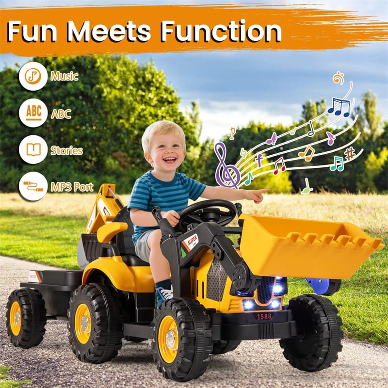 Eletriclife 4-in-1 Kids Ride on Tractor 12V Electric Excavator Bulldozer with Traoler & Remote Control