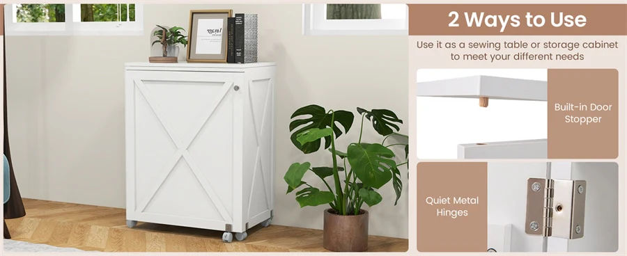 Eletriclife Folding Sewing Table Farmhouse Sewing Machine Cabinet with Barn Door, 18 Pegs & 2 Storage Trays