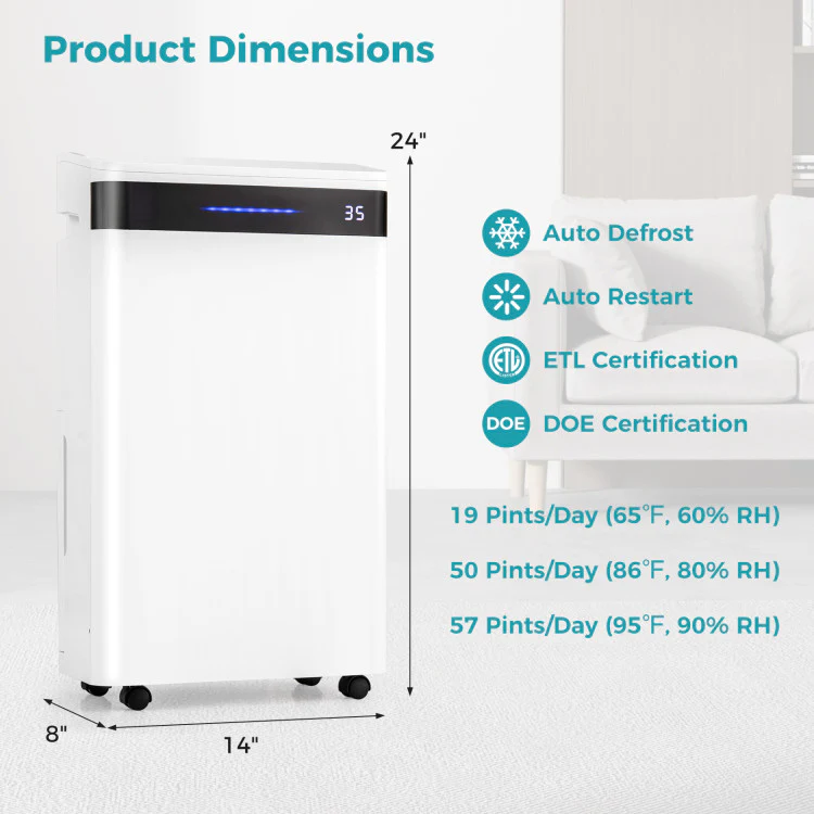 Eletriclife 4500 Sq. Ft 57 Pint Dehumidifier for Home and Basement