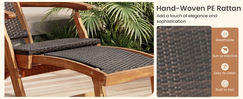 Eletriclife 3-Piece Patio Lounge Chair Set Acacia Wood Rattan Wicker Folding Chaise Lounge with Retractable Ottoman & Side Table