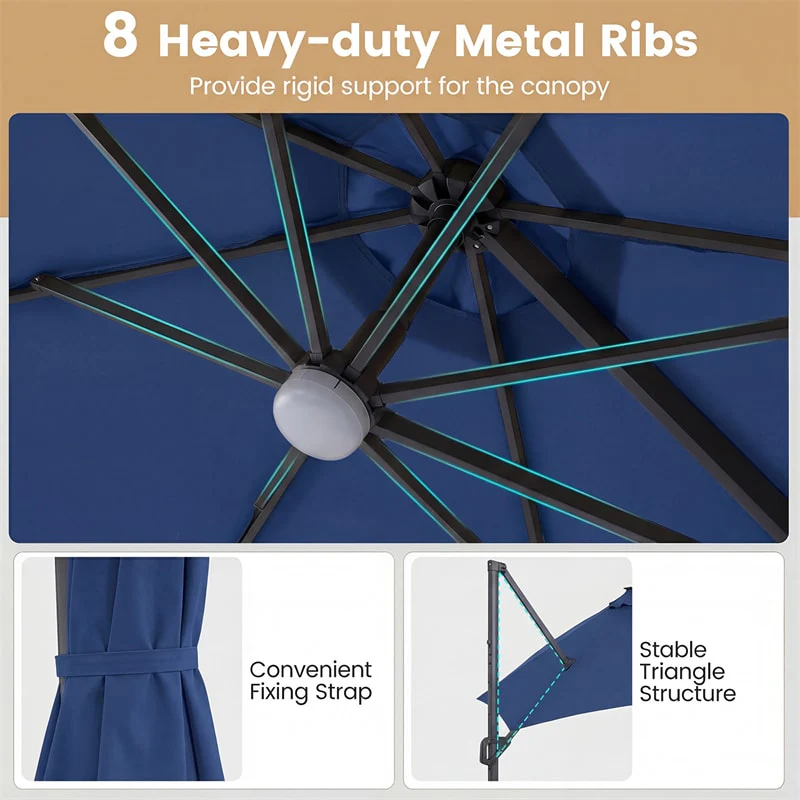 Eletriclife 10FT Cantilever Patio Umbrella with 36 Solar LED Lights 360° Rotation Offset Hanging Umbrella for Pool Yard