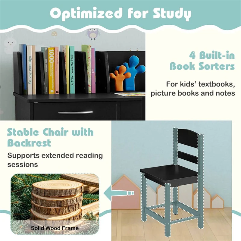 Eletriclife Wooden Kids Desk and Chair Set with Hutch, Storage Drawer & Cabinet