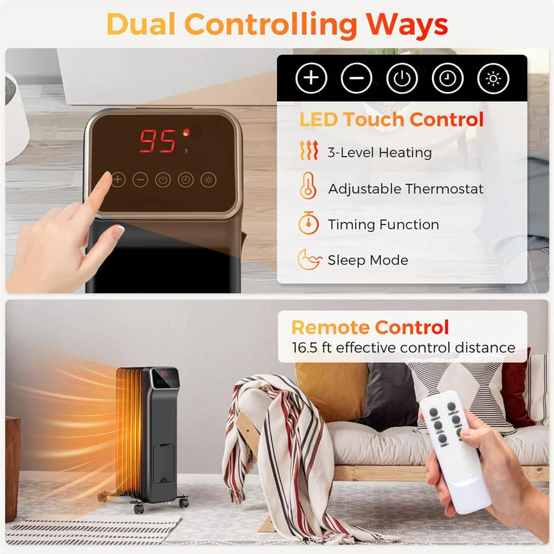 Eletriclife 1500W Oil Filled Radiator Heater with Remote Control, Adjustable Thermostat & 24H Timer for Indoor Use