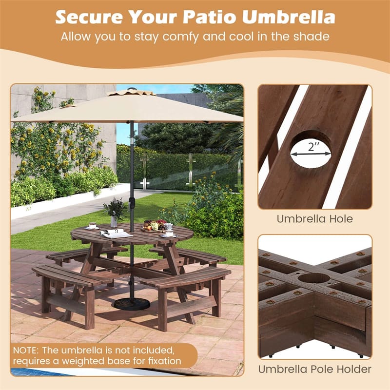 Eletriclife Oudtoor 8-Person Round Wood Picnic Table Set with 4 Built-in Benches & 2" Umbrella Hole for Patio Backyard Garden