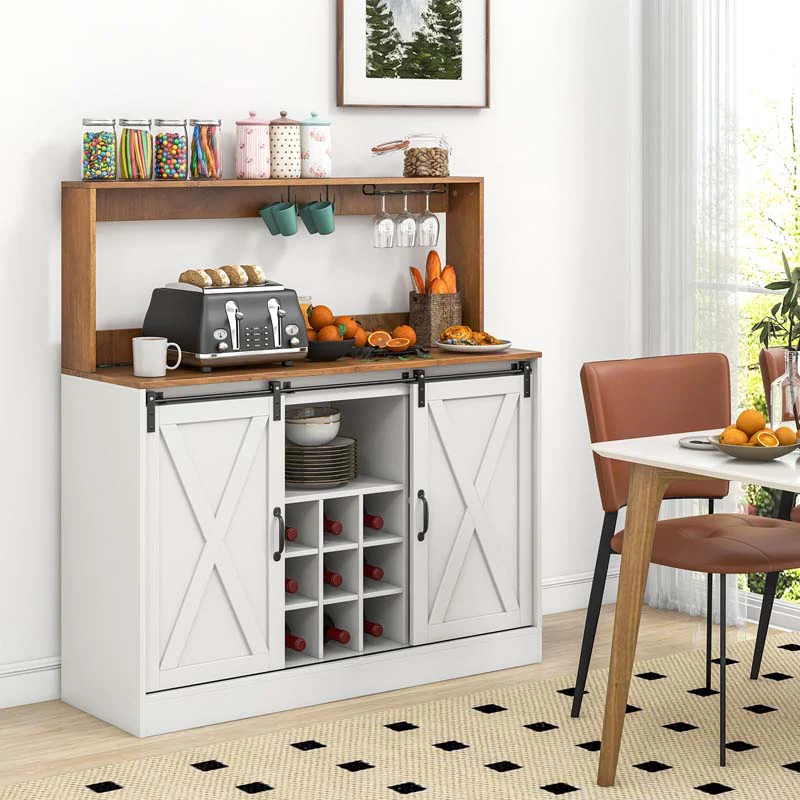 Eletriclife Farmhouse Coffee Bar Cabinet with Built-in Charging Station & 2 Sliding Barn Doors