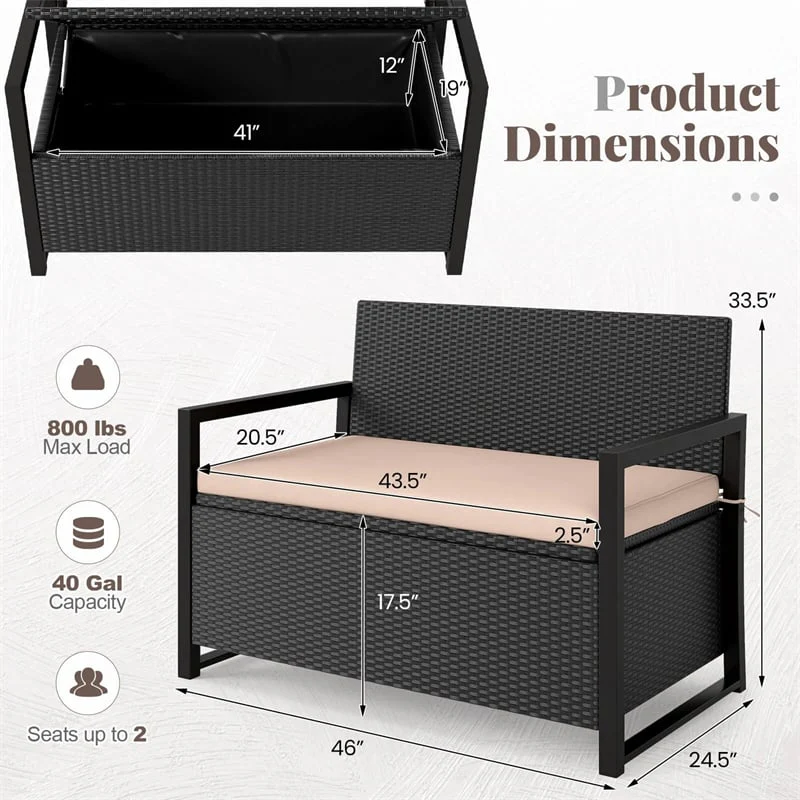 Eletriclife 40 Gallon Outdoor Wicker Storage Bench with Cushion & Cover