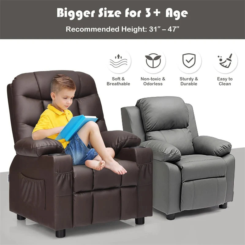 Eletriclife Kids Recliner Chair PU Leather Adjustable Lounge Sofa with Cup Holder