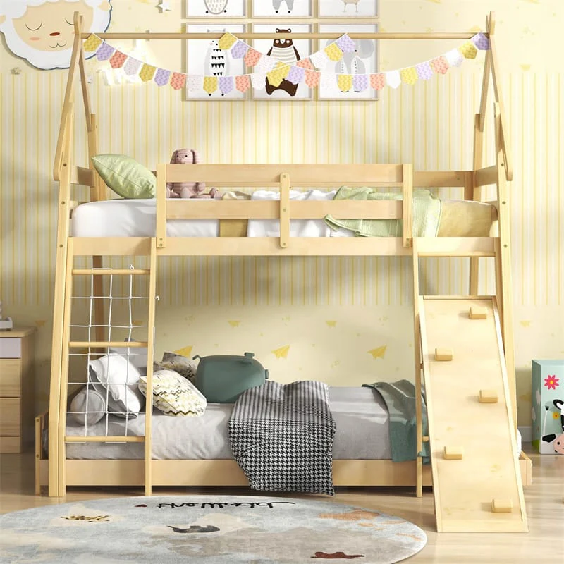 Eletriclife Twin Over Queen House Bunk Bed with Climbing Nets & Ramp for Kids Adults