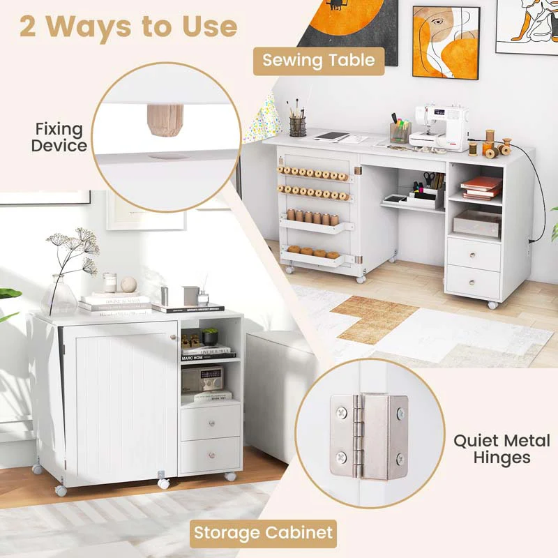 Eletriclife Folding Sewing Table with Charging Station and Storage Shelves