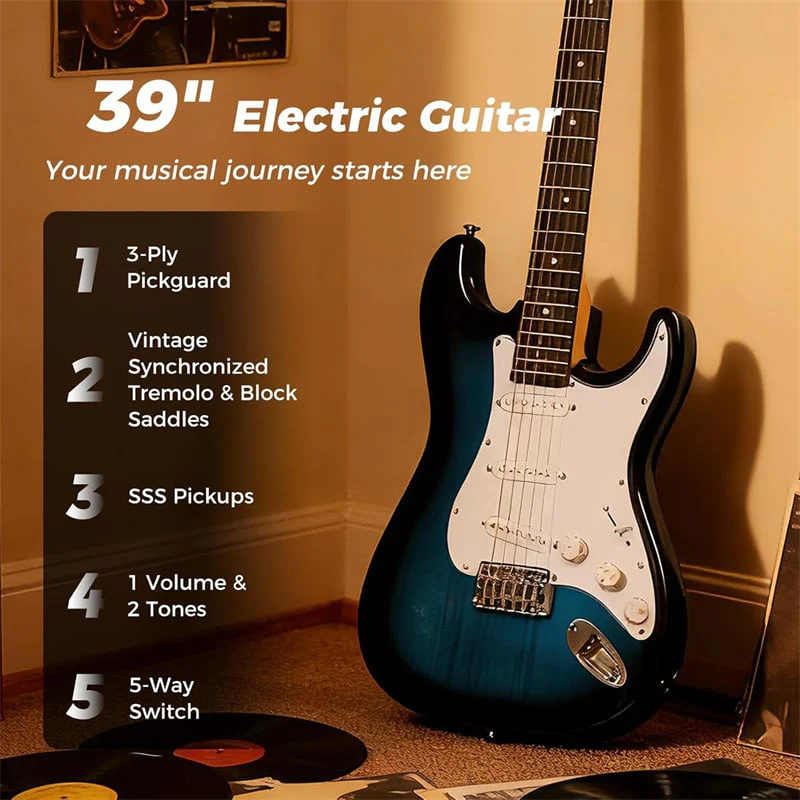 Eletriclife 39" Full Size 6 String Electric Guitar Beginner Kit with 15W AMP & SSS Pickups for Starter