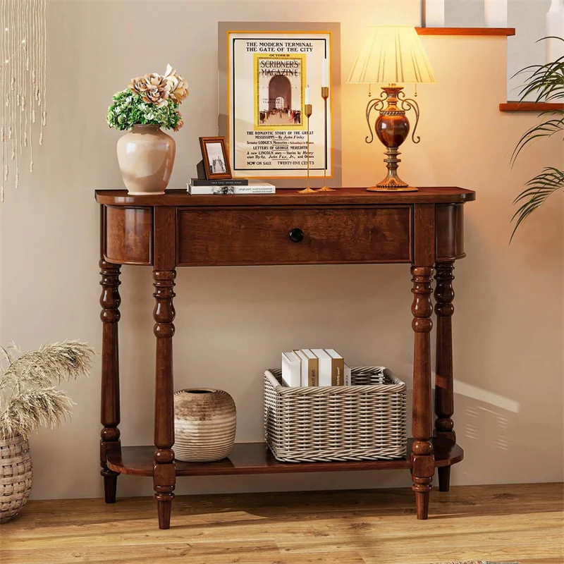 Eletriclife 36" 2-Tier Retro Console Table with Storage Drawer & Open Shelf for Entryway, Behind Sofa, Living Room, Foyer & Hallway