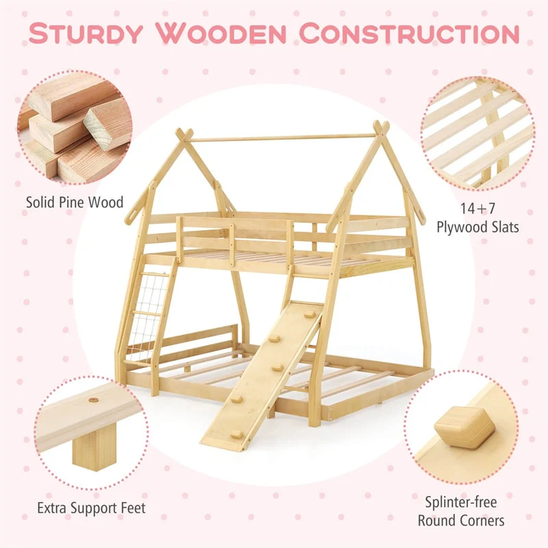 Eletriclife Twin Over Queen House Bunk Bed with Climbing Nets & Ramp for Kids Adults