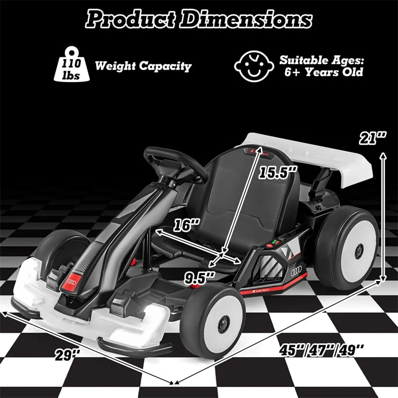 Eletriclife 24V Licensed Audi Kids Go Kart Length Adjustable Ride on Racing Toy for Children Ages 6 