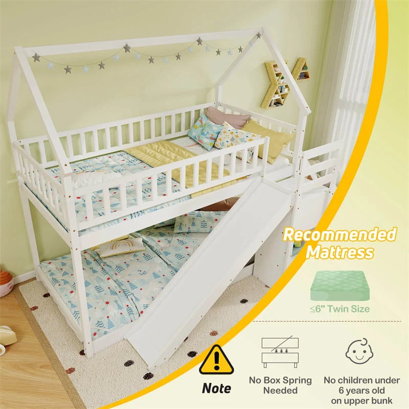 Eletriclife Twin Over Twin House Bunk Bed with Slide Staircases
