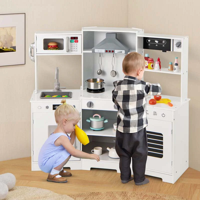 Eletriclife Pretend Play Kitchen Wooden Toy Set with Range Hood Real Sounds and Lights