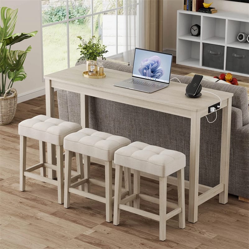 Eletriclife 59" 4-Piece Bar Table Set with Charging Station & 3 Padded Stools for Kitchen & Small Spaces