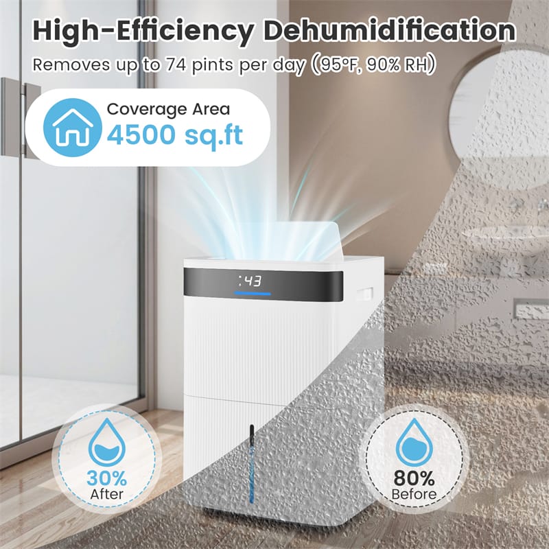 Eletriclife 4500 Sq.Ft 74 Pints Dehumidifier for Home & Basement with 24H Timer & Auto Defrost