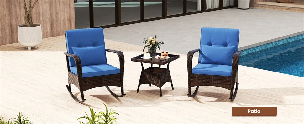 Eletriclife 3-Piece Outdoor Wicker Rocking Chair Set with Cushions & Pillows, Tempered Glass Coffee Table for Porch Balcony