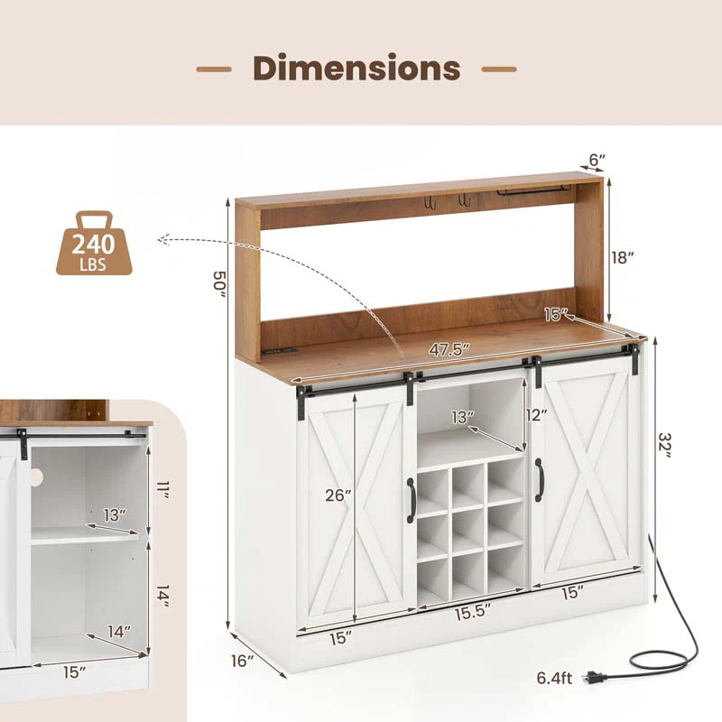 Eletriclife Farmhouse Coffee Bar Cabinet with Built-in Charging Station & 2 Sliding Barn Doors
