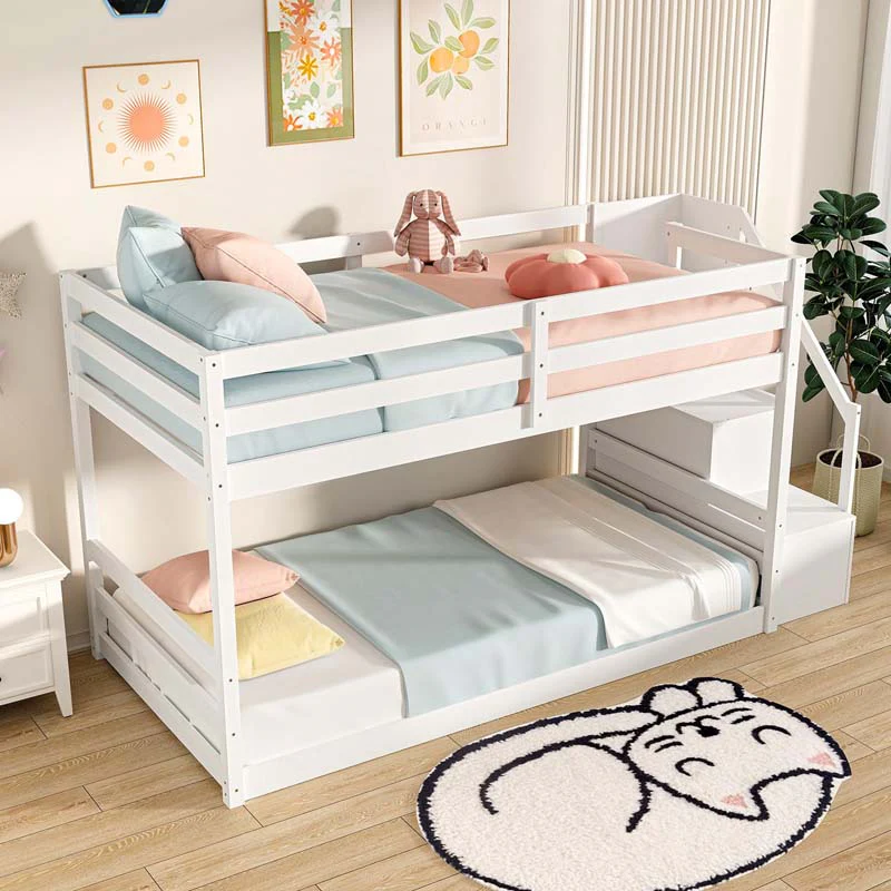 Eletriclife Twin Over Twin Low Bunk Bed Frame with Storage Stairs