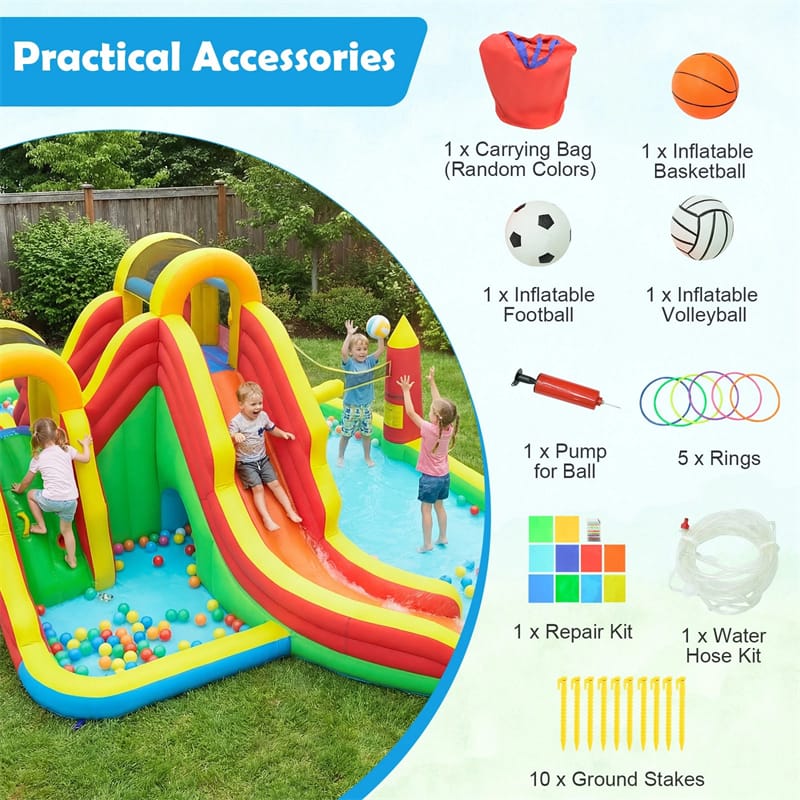 Eletriclife 8-in-1 Inflatable Water Slide Park Giant Backyard Bounce House with 2 Long Slides & Climbing Walls