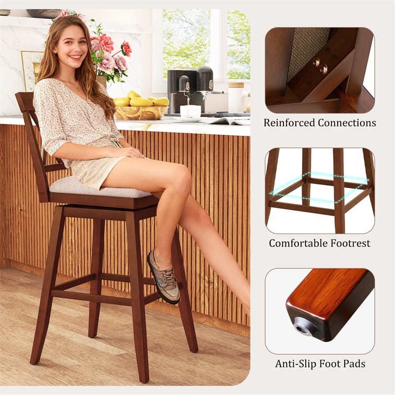 Eletriclife Set of 2 Swivel Bar Stools 29" Bar Height Chairs with Back, Padded Seat & Rubber Wood Frame for Kitchen Island