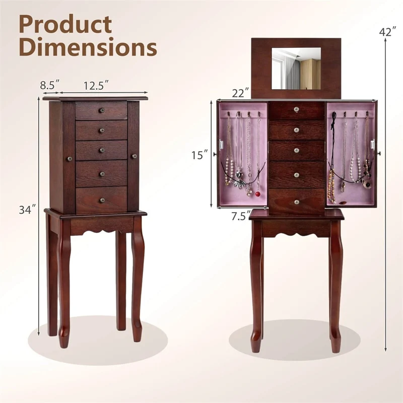Eletriclife Standing Jewelry Armoire Cabinet with Flip Top Mirror & 4 Drawers for Bedroom