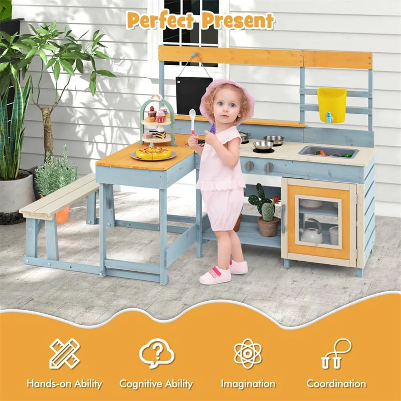 Eletriclife 2-in-1 Fir Wood Outdoor Mud Kitchen & Kids Picnic Table Built-in Bench & Blackboard
