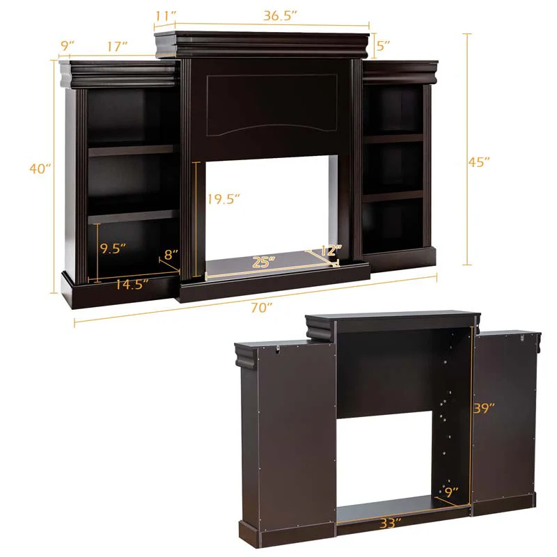 Eletriclife 70 Inch Modern Fireplace Media Entertainment Center with Bookcase