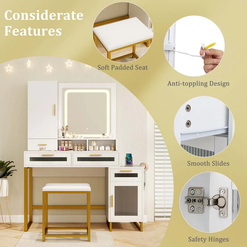 Eletriclife Makeup Vanity Desk Dressing Table and Stool Set with Lighted Mirror