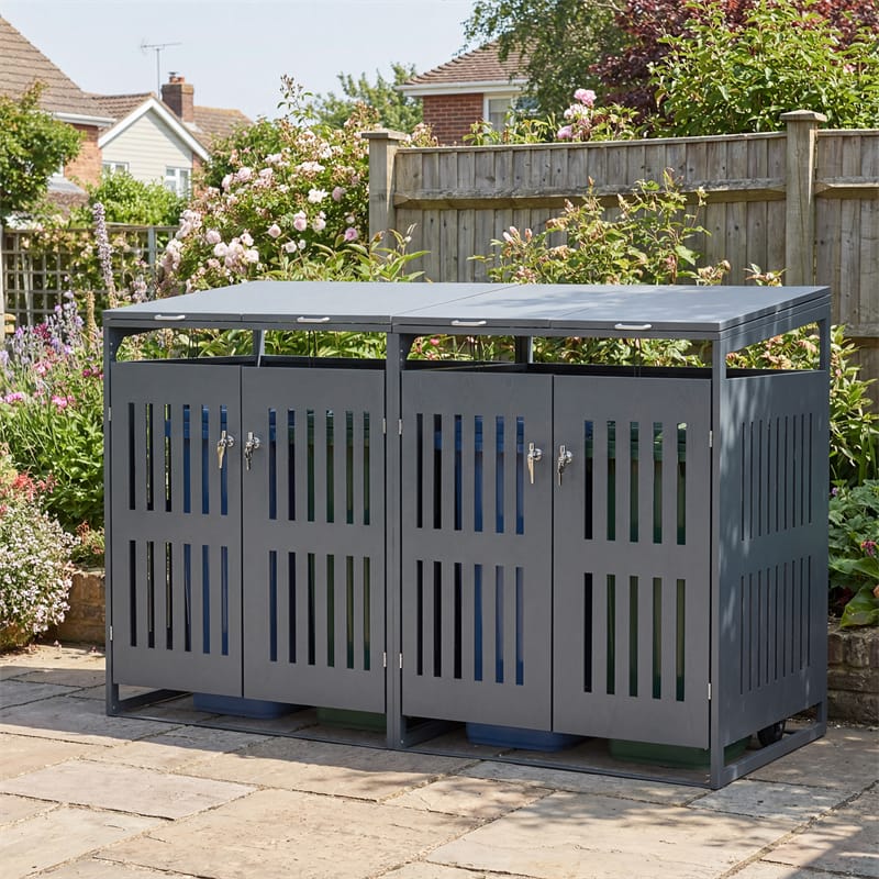 Eletriclife 44 Cu.Ft Outdoor Metal Trash Can Storage Shed for 2 Bins with Gas Struts & Lockable Double Doors